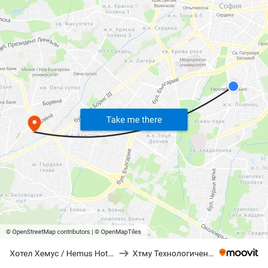 Ⓜ️ Хотел Хемус / Hemus Hotel (2329) to Хтму Технологичен Колеж map