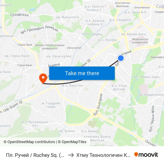 Пл. Ручей / Ruchey Sq. (1301) to Хтму Технологичен Колеж map