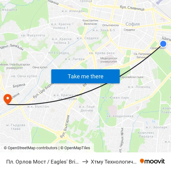 Ⓜ️ Пл. Орлов Мост / Eagles' Bridge Sq. (1290) to Хтму Технологичен Колеж map