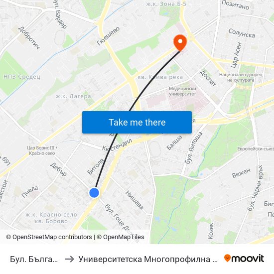 Бул. България / Bulgaria Blvd. (0290) to Университетска Многопрофилна Болница За Активно Лечение И Спешна Медицина ""Н. И. Пирогов"" map