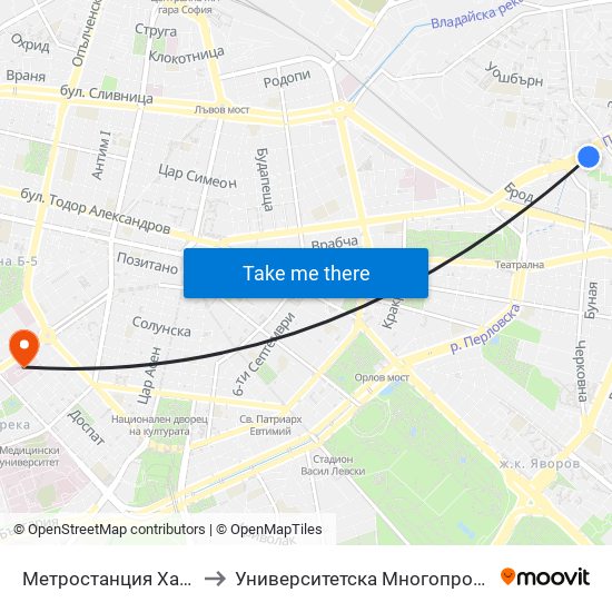 Метростанция Хаджи Димитър / Hadzhi Dimitar Metro Station (0303) to Университетска Многопрофилна Болница За Активно Лечение И Спешна Медицина ""Н. И. Пирогов"" map