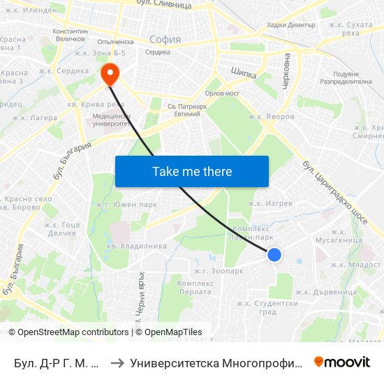 Бул. Д-Р Г. М. Димитров / G. M. Dimitrov Blvd. (0316) to Университетска Многопрофилна Болница За Активно Лечение И Спешна Медицина ""Н. И. Пирогов"" map