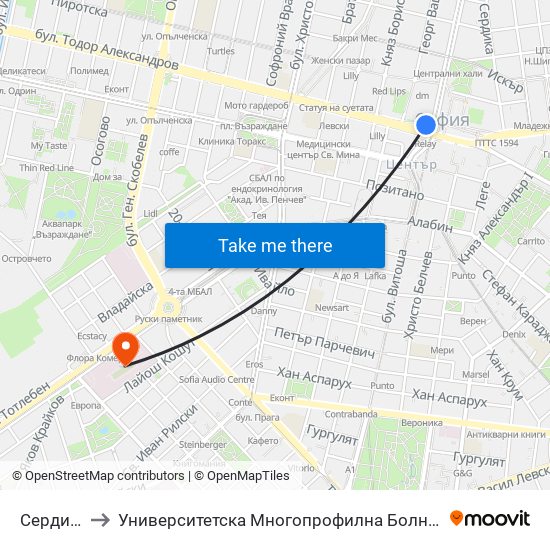 Сердика I / Serdika I to Университетска Многопрофилна Болница За Активно Лечение И Спешна Медицина ""Н. И. Пирогов"" map