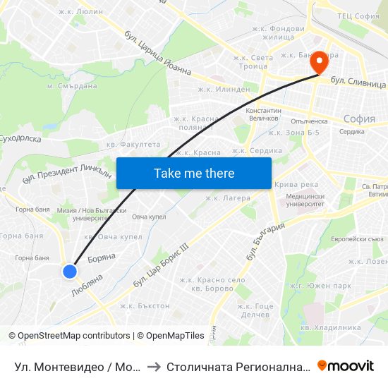 Ул. Монтевидео / Montevideo St. (2050) to Столичната Регионална Здравна Инспекция map
