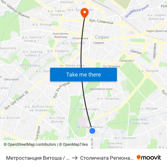Ⓜ️ Метростанция Витоша / Vitosha Metro Station (2654) to Столичната Регионална Здравна Инспекция map