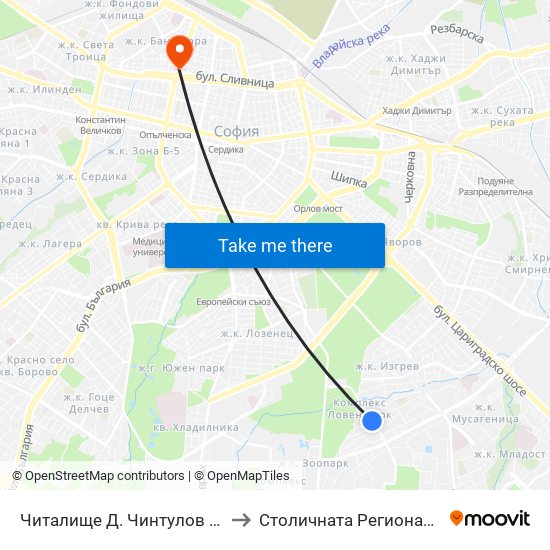 Читалище Д. Чинтулов / D. Chintulov Library (2365) to Столичната Регионална Здравна Инспекция map