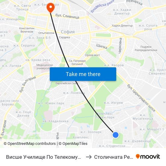 Висше Училище По Телекомуникации / University Of Telecommunications And Post (1396) to Столичната Регионална Здравна Инспекция map