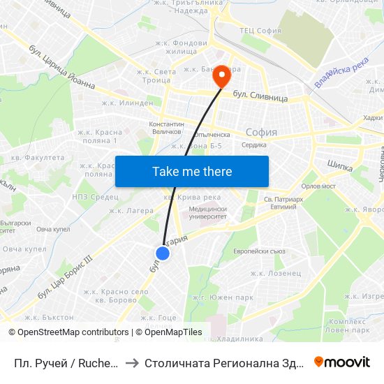 Пл. Ручей / Ruchey Sq. (1301) to Столичната Регионална Здравна Инспекция map