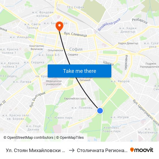 Ул. Стоян Михайловски / Stoyan Mihaylovski St. (2191) to Столичната Регионална Здравна Инспекция map