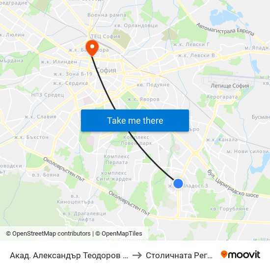 Акад. Александър Теодоров - Балан / Akademik Aleksandar Teodorov - Balan to Столичната Регионална Здравна Инспекция map