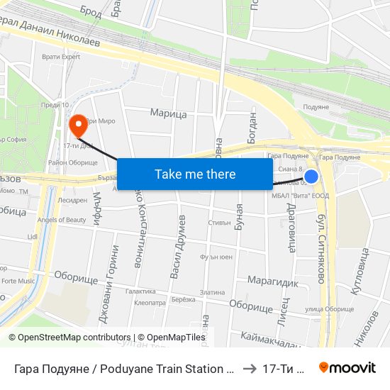 Гара Подуяне / Poduyane Train Station (0468) to 17-Ти Дкц map