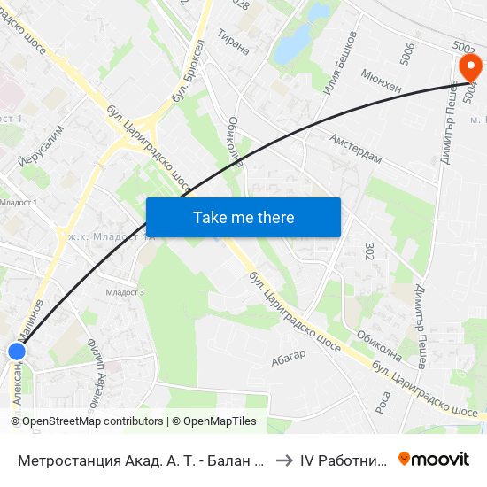 Метростанция Акад. А. Т. - Балан / Acad. A. T.-Balan Metro Station (1917) to IV Работническа Болница map