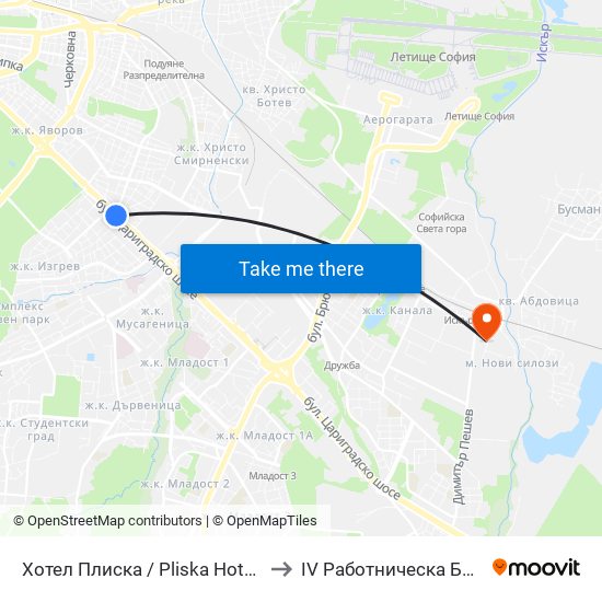 Хотел Плиска / Pliska Hotel (2326) to IV Работническа Болница map