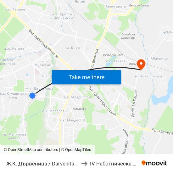 Ж.К. Дървеница / Darvenitsa Qr. (1012) to IV Работническа Болница map
