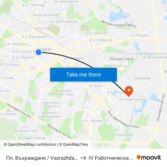 Пл. Възраждане / Vazrazhdane Sq. (1269) to IV Работническа Болница map