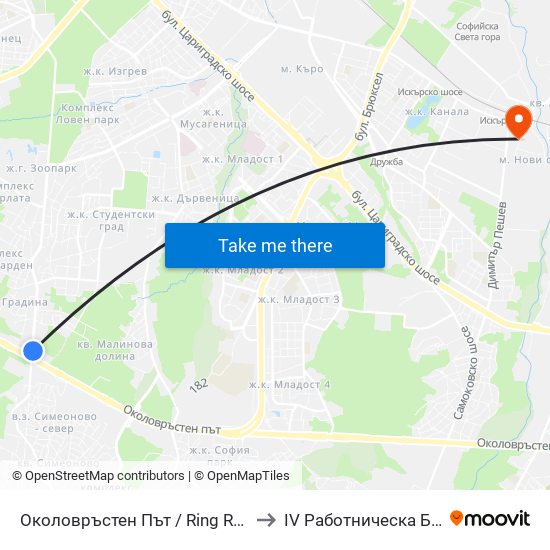 Околовръстен Път / Ring Road (1175) to IV Работническа Болница map