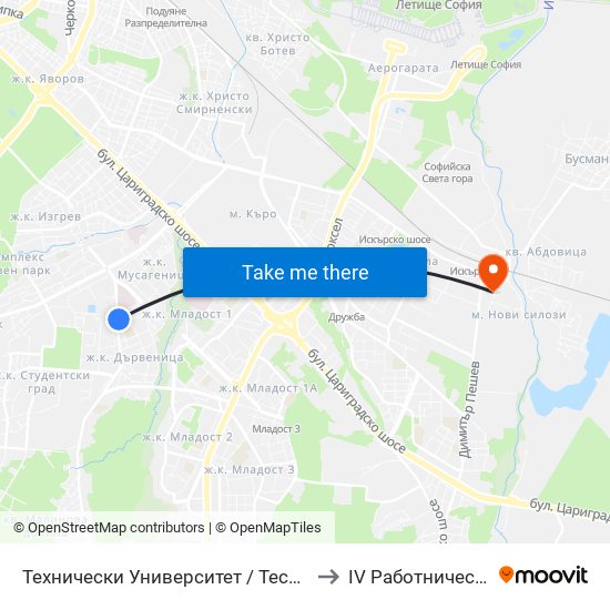 Технически Университет / Technical University (1743) to IV Работническа Болница map