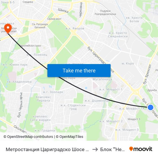 Метростанция Цариградско Шосе / Tsarigradsko Shosse Metro Station (1016) to Блок ""Нервни Болести"" map