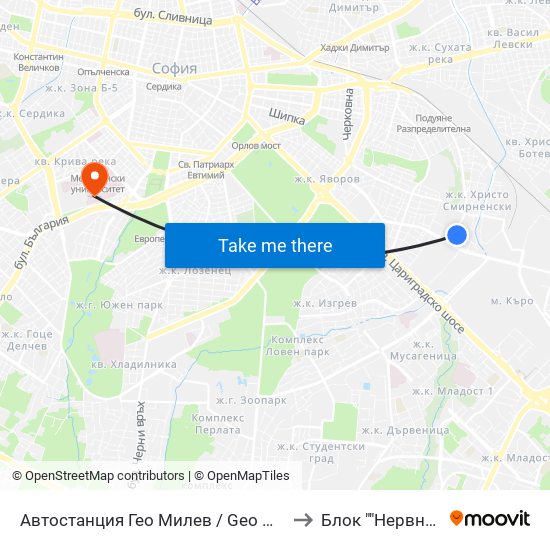 Автостанция Гео Милев / Geo Milev Bus Station (0052) to Блок ""Нервни Болести"" map