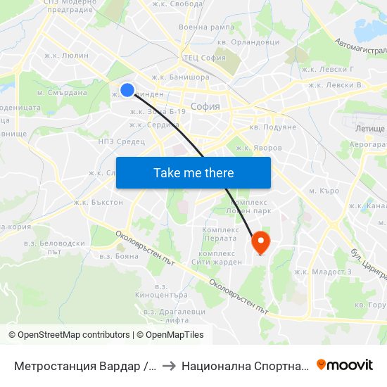 Метростанция Вардар / Vardar Metro Station (1046) to Национална Спортна Академия Васил Левски map