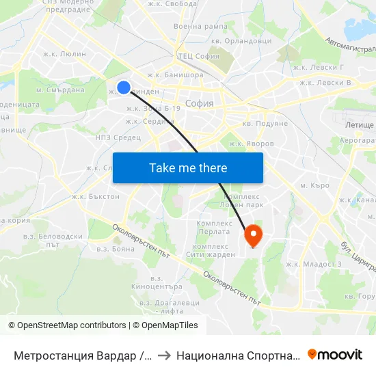 Метростанция Вардар / Vardar Metro Station (1046) to Национална Спортна Академия Васил Левски map