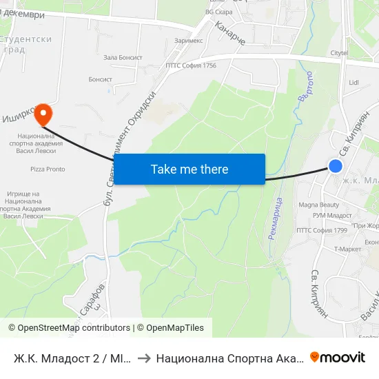 Ж.К. Младост 2 / Mladost 2 Qr. (0663) to Национална Спортна Академия Васил Левски map