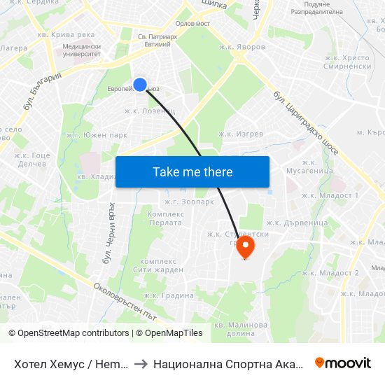 Хотел Хемус / Hemus Hotel (2329) to Национална Спортна Академия Васил Левски map