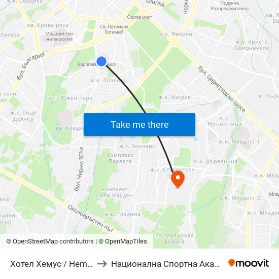 Ⓜ️ Хотел Хемус / Hemus Hotel (2329) to Национална Спортна Академия Васил Левски map