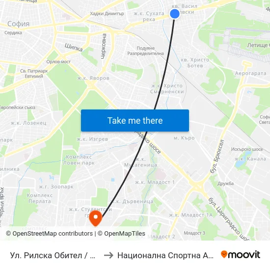 Ул. Рилска Обител / Rilska Obitel St. (2161) to Национална Спортна Академия Васил Левски map