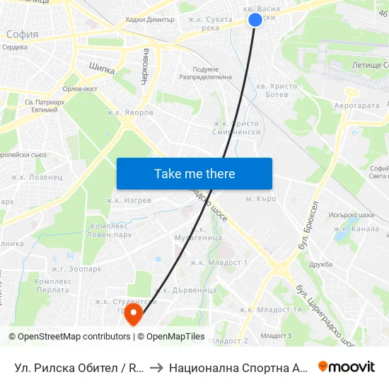 Ул. Рилска Обител / Rilska Obitel St. (2158) to Национална Спортна Академия Васил Левски map