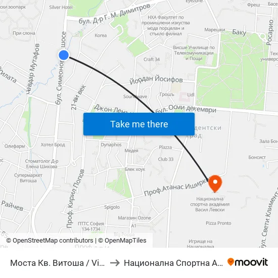 Моста Кв. Витоша / Vitosha the Bridge (1076) to Национална Спортна Академия Васил Левски map