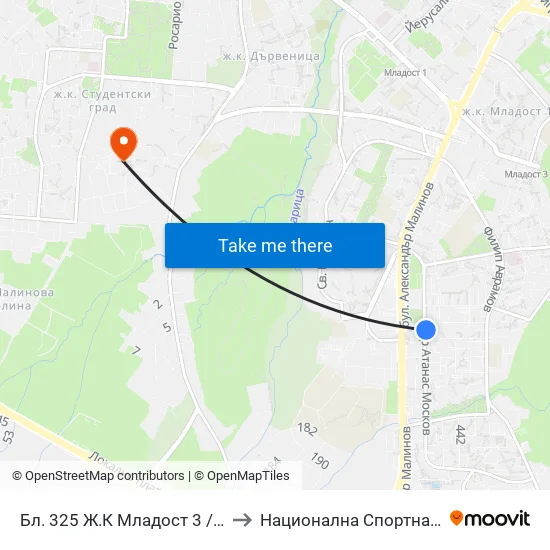 Бл. 325 Ж.К Младост 3 / Bl. 325, Mladost 3 Qr. (2489) to Национална Спортна Академия Васил Левски map