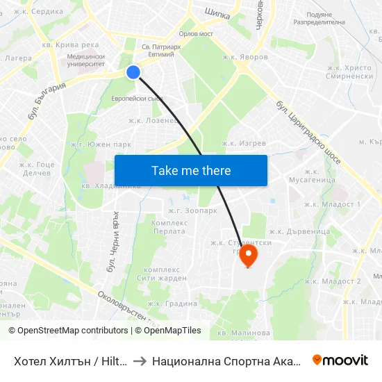 Хотел Хилтън / Hilton Hotel (0397) to Национална Спортна Академия Васил Левски map