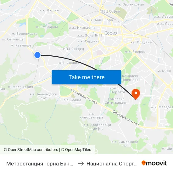 Ⓜ️ Метростанция Горна Баня / Gorna Banya Metro Station (0683) to Национална Спортна Академия Васил Левски map