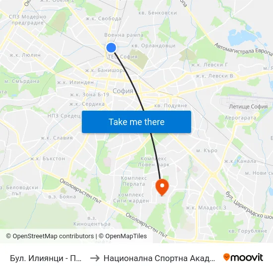 Бул. Илиянци - Подлеза (1384) to Национална Спортна Академия Васил Левски map