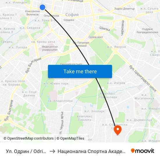 Ул. Одрин / Odrin St. (2077) to Национална Спортна Академия Васил Левски map
