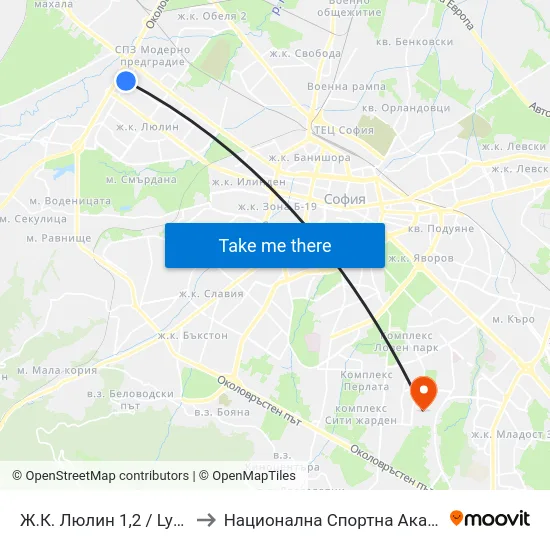 Ж.К. Люлин 1,2 / Lyulin 1,2 Qr. (0650) to Национална Спортна Академия Васил Левски map