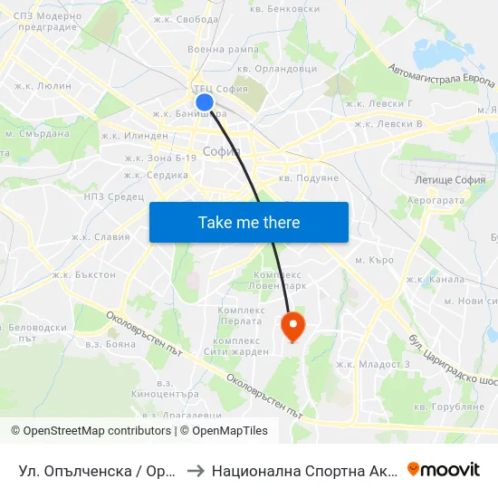 Ул. Опълченска / Opalchenska St. (2080) to Национална Спортна Академия Васил Левски map