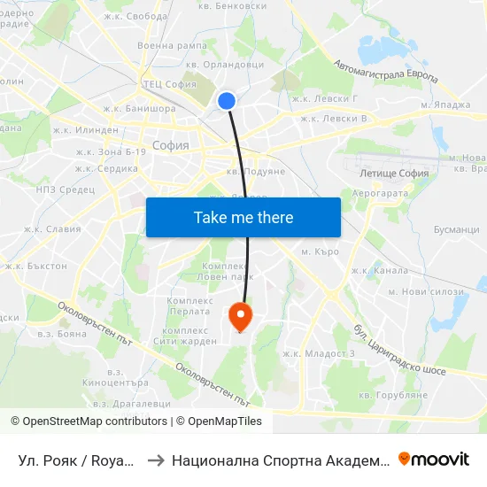 Ул. Рояк / Royak St. (2165) to Национална Спортна Академия Васил Левски map