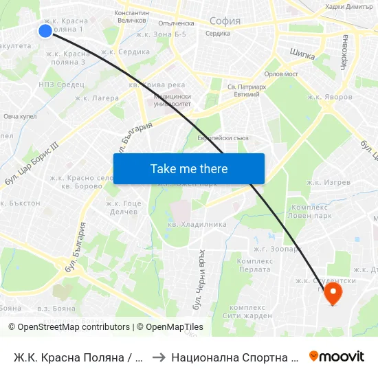 Ж.К. Красна Поляна / Krasna Polyana Qr. (2163) to Национална Спортна Академия Васил Левски map