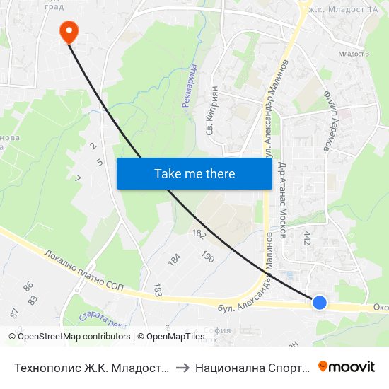 Технополис Ж.К. Младост 4 / Technopolis Mladost 4 Qr. (2494) to Национална Спортна Академия Васил Левски map