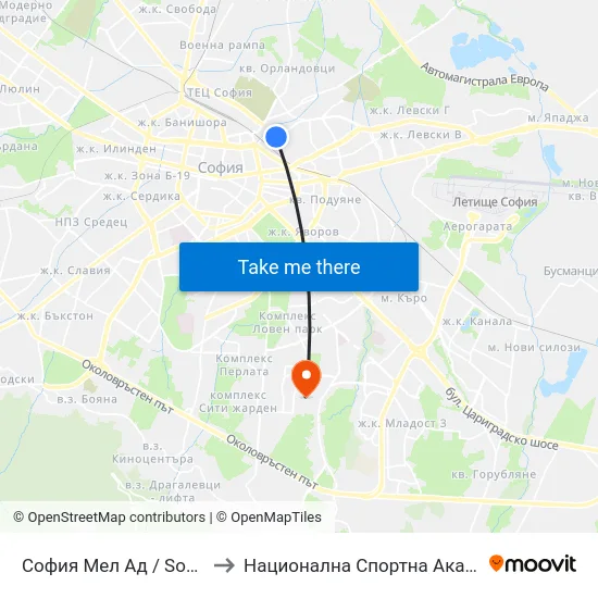 София Мел Ад / Sofia Mel Jsc (0701) to Национална Спортна Академия Васил Левски map