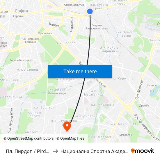 Пл. Пирдоп / Pirdop Sq. (1292) to Национална Спортна Академия Васил Левски map