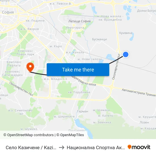 Село Казичене / Kazichene Village (1538) to Национална Спортна Академия Васил Левски map