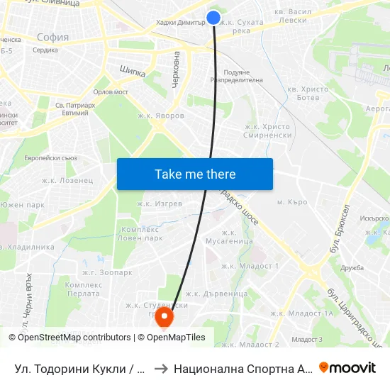 Ул. Тодорини Кукли / Todorini Kukli St. (2216) to Национална Спортна Академия Васил Левски map