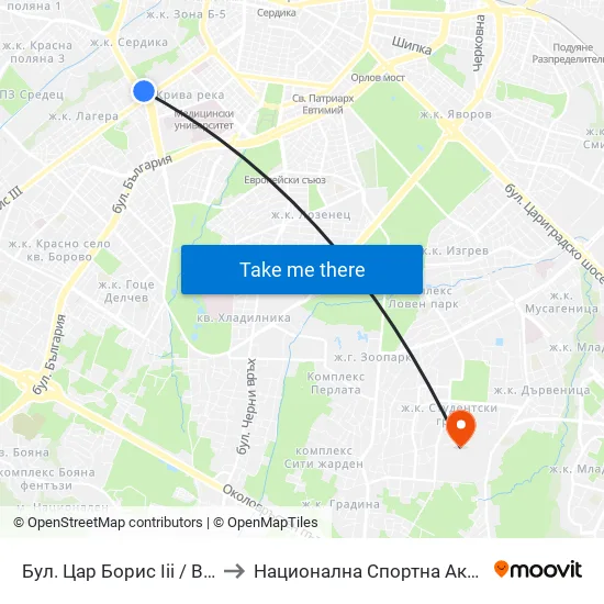 Бул. Цар Борис Ііі / Boris III Blvd. (0389) to Национална Спортна Академия Васил Левски map