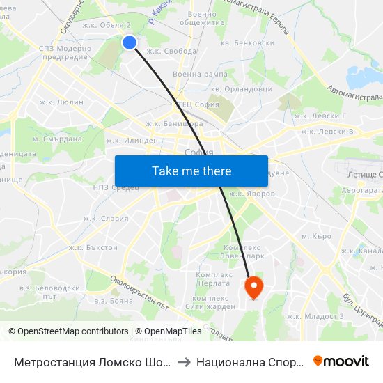 Метростанция Ломско Шосе / Lomsko Shose Metro Station (2660) to Национална Спортна Академия Васил Левски map