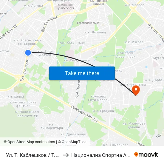 Ул. Т. Каблешков / T. Kableshkov St. (2206) to Национална Спортна Академия Васил Левски map