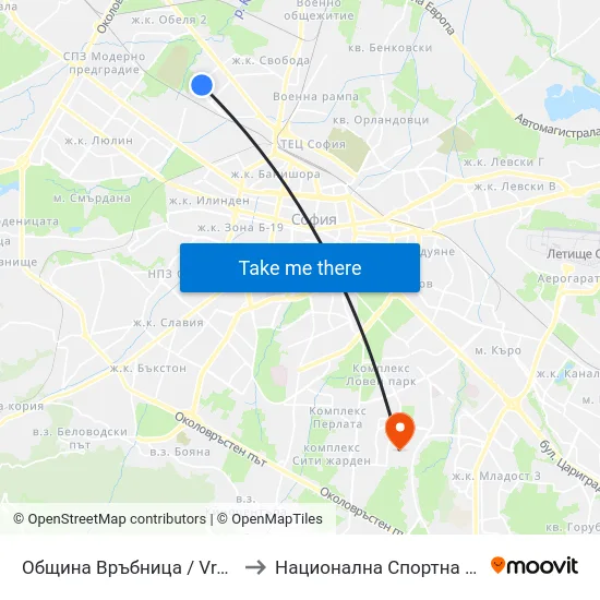 Община Връбница / Vrabnitsa Municipality (6216) to Национална Спортна Академия Васил Левски map