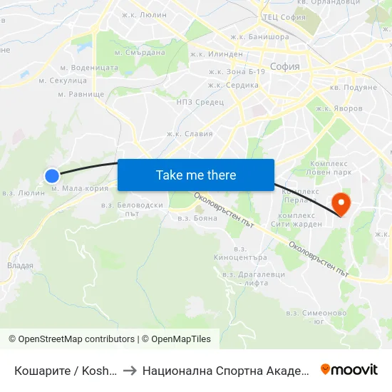 Кошарите / Kosharite (2714) to Национална Спортна Академия Васил Левски map